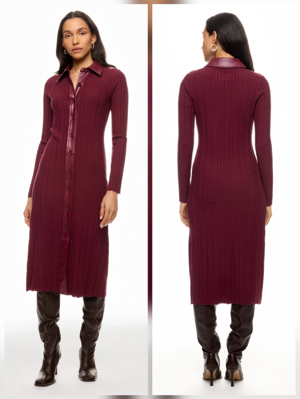 Toccin Variegated Rib Knit Leather Combo Dress Collared Long Sleeve Size S